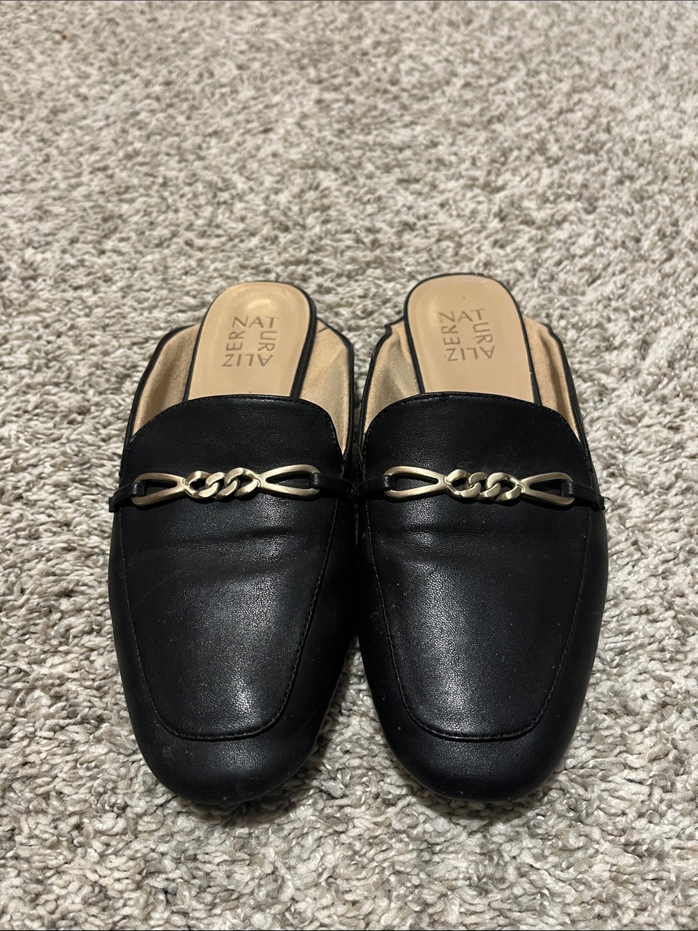 Naturalizer Black Slip-On Loafer Mules with Gold Chain Accent